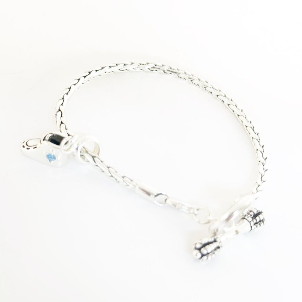 New Mom Bracelet Silver Tone Toggle Clasp Birthstone Baby Booty Charm Blue Stone